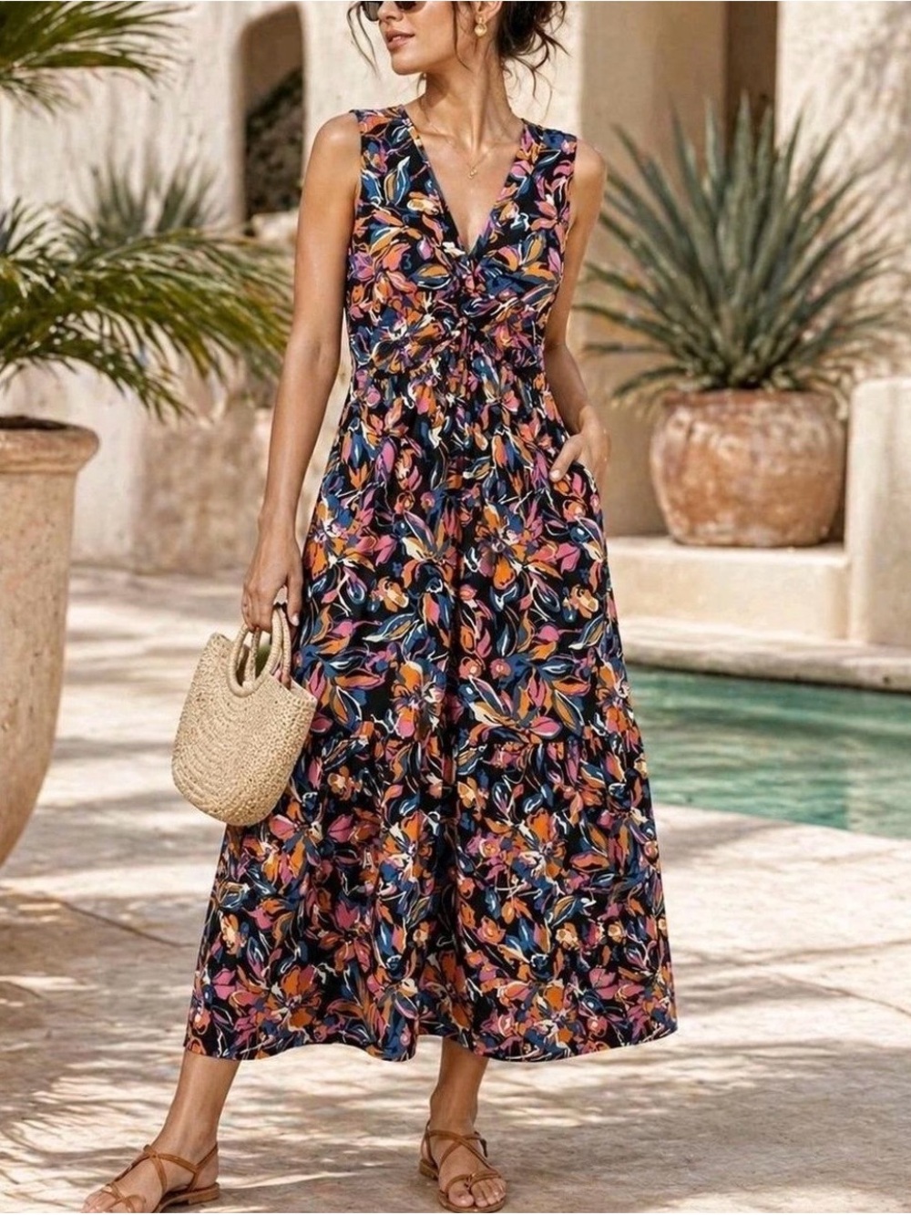 French Connection Floral Front Twist Midi Dress- Tropical